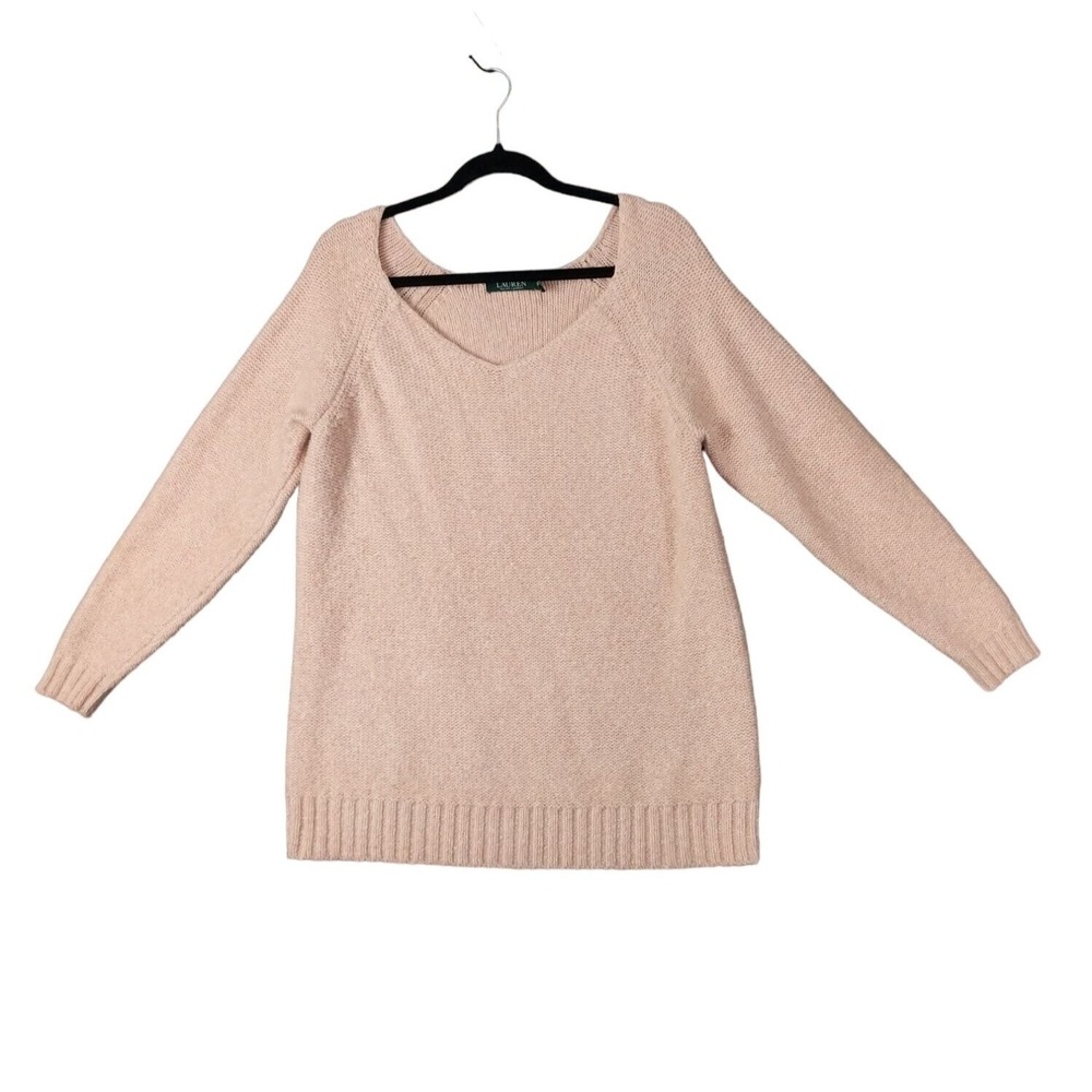 Ralph Lauren LRL Women Balletcore Preppy Coquette Knit Sweater L Baby Pink VNeck